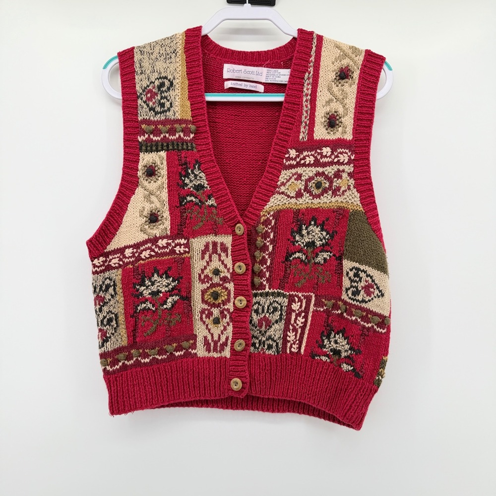 Robert Scott Ltd Womens Red Patchwork Floral Hand Knit Linen‎ Cotton Vest Large